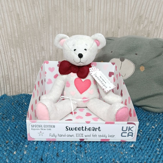 Sweetheart. Special Edition. 100% wool felt, hand-sewn teddy bear. UKCA toy. Light Grey. Cherry red. Mid pink. Baby pink.