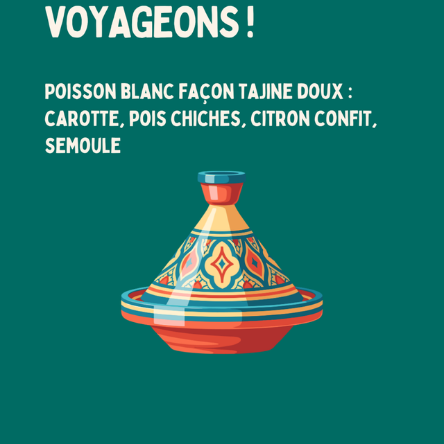PLAT  –  Poisson blanc façon tajine doux : carotte, pois chiches, citron confit, semoule