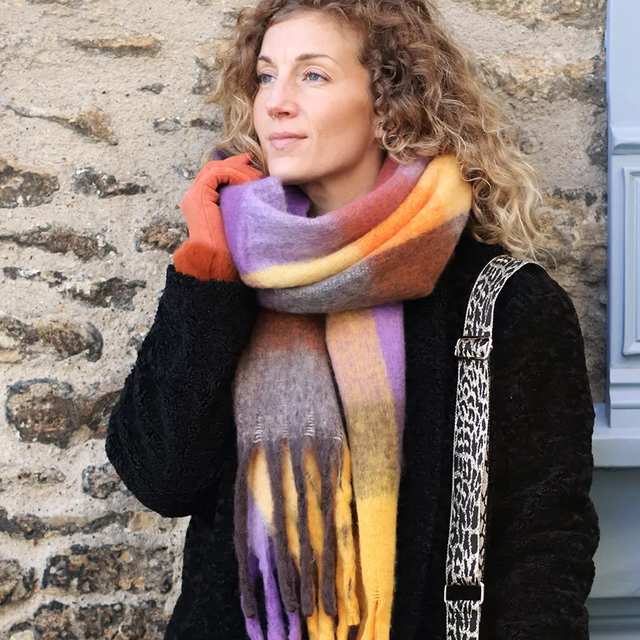 Purple and Mustard Fluffy Check Scarf