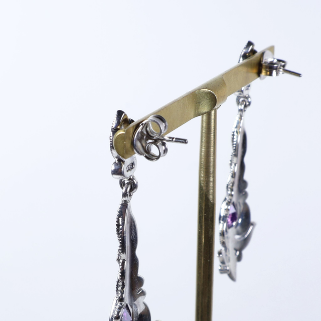 Art Nouveau Style Sterling Silver 925 Pear Cut Purple Amethyst Marcasite Gemstone February Birthstone Ornate Arrow Design Drop Earrings