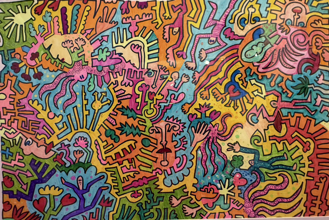 OCTOPUS‘S GARDEN, Rahmen 72x52 cm, Passepartout 59x39 cm, Edding, Acryl- und Aquarellfarben auf Aquarellpapier 