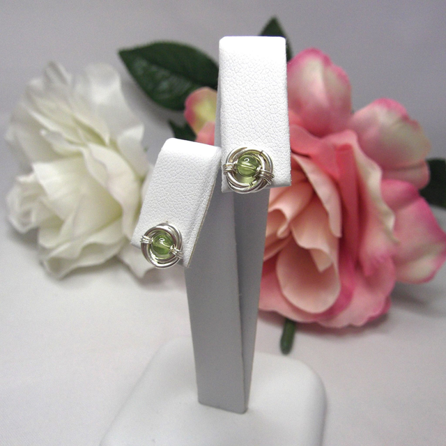 Peridot gemstone Russian wedding ring style stud earrings with recycled silver 