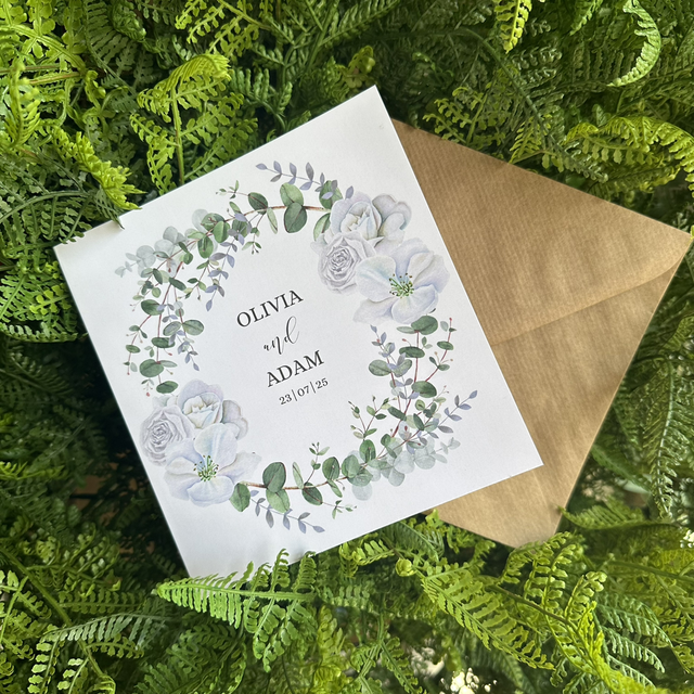 "Gwen" design - White florals &amp; frosty eucalyptus - square, tri-fold Wedding invitations - including guest information &amp; RSVP