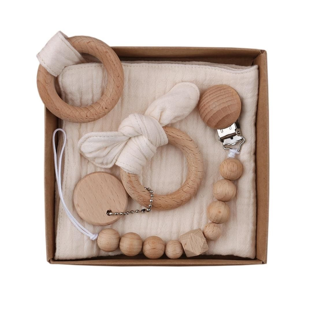 Set regalo muselina, mordedor madera, chupetero madera