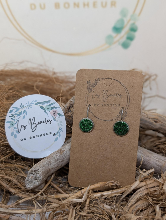 Boucles d'oreilles puces vert paillettes pu103
