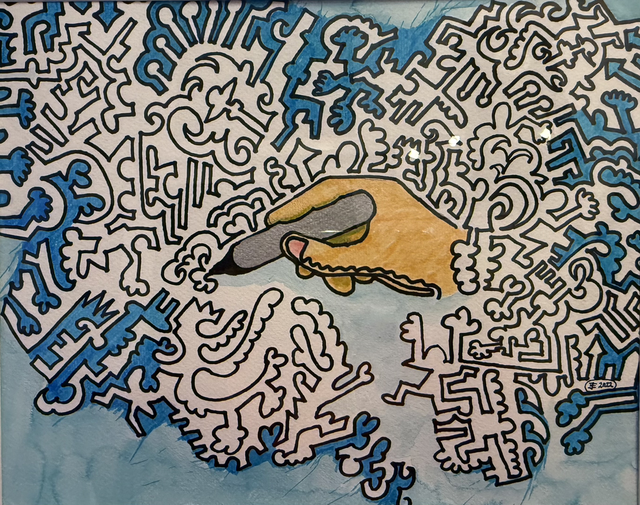 END OF THE LINE, Rahmen 53x42 cm, Passepartout 37x25 cm, Edding, Acryl- und Aquarellfarben auf Aquarellpapier 