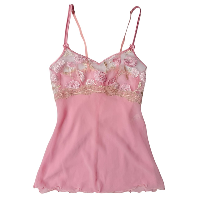 Japanese brand coquette pink and green floral embroidered cups cami