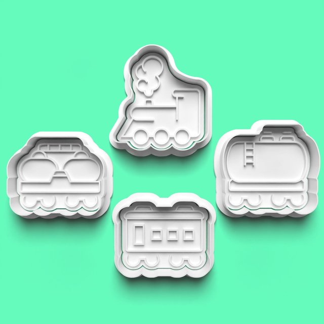 Train Coaches Cookie Cutter Embosser Set of 4 Cutters &amp; Stamps Biscuit Mould Debossed Sugar Biscuits