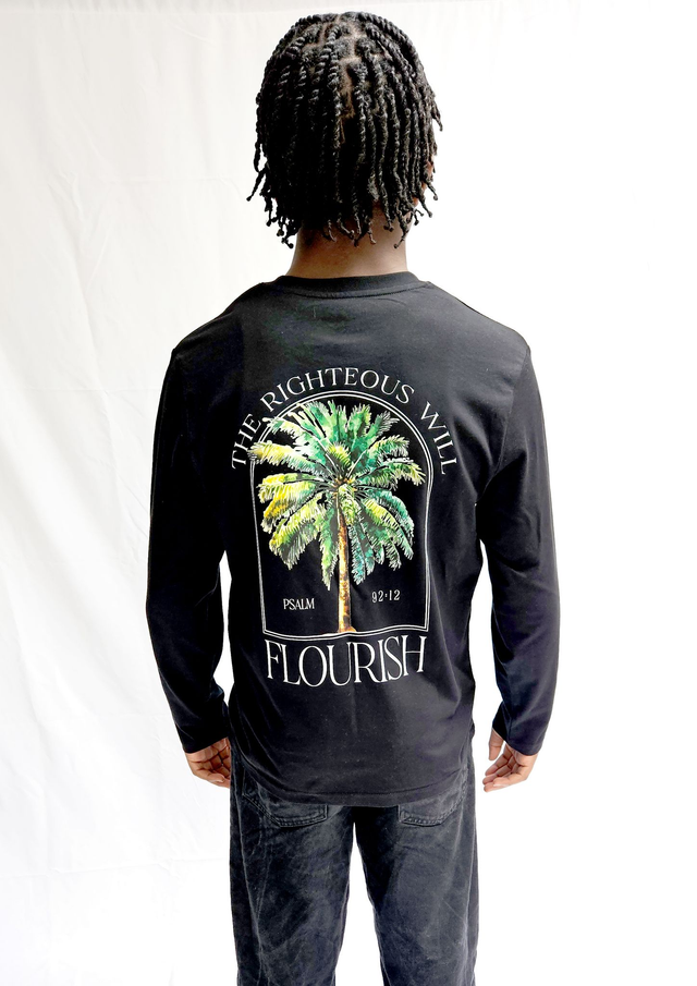 Long Sleeve Palm Tree Tee - Psalm 92:12 [Black]