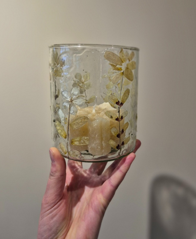 Gerecycled glas windlicht droogbloemen naturel M