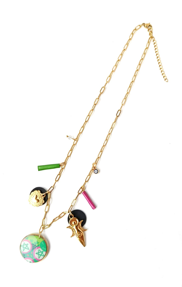 Collier à Breloques Upcyclé Carte de Tarot, Chambre à Air & Aluminium Recyclés - Pentagramme