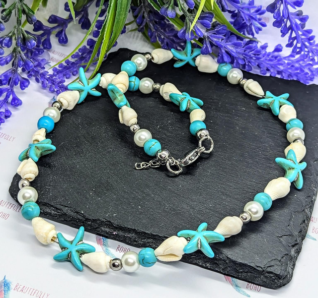Turquoise, Shell &amp; Stainless Steel Beaded Collar Necklace 
