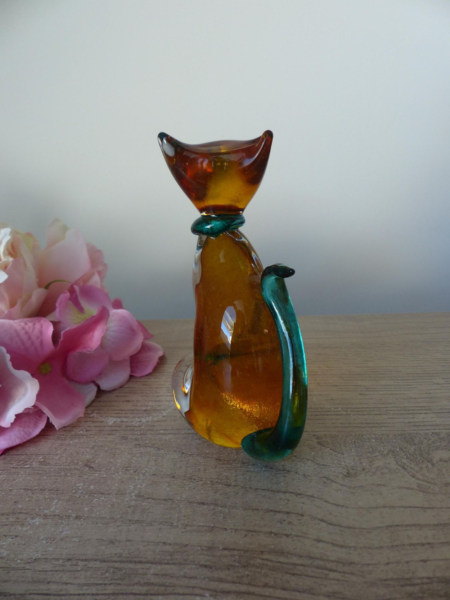 Figurine chat en verre orange et verre soufflé, Presse papier chat décoration bureau maison ornement de table