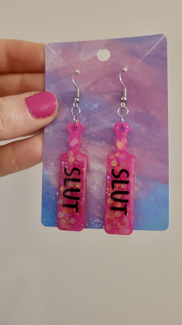 Earrings | Bright Pink Glitter SLUT Paddle Earrings | Stainless Steel Hooks