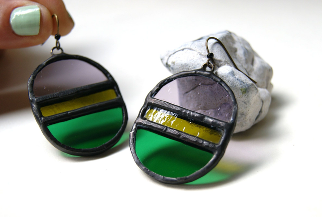 Boucles d'oreilles Tricolores ● Lilas, kaki, vert