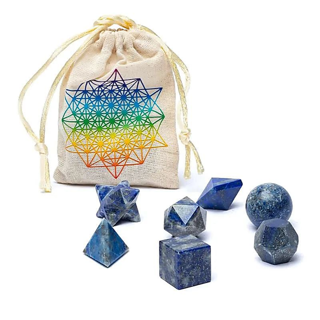 Ensemble de Géométrie Sacrée : 5 Solides de Platon &amp; Merkaba | Lapis Lazuli 