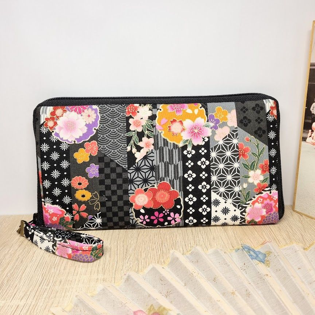 Portefeuille long zippé "Miyako" noir blanc