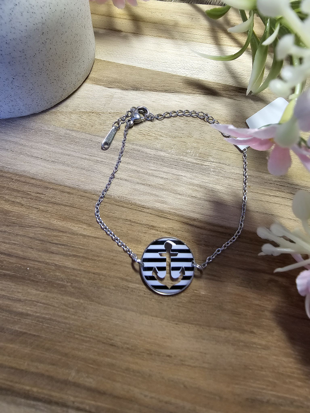 Bracelet 16mm Argent -&quot;Un Cœur à la Mer&quot; — L&#039;élégance au rythme des vagues-ancre noir