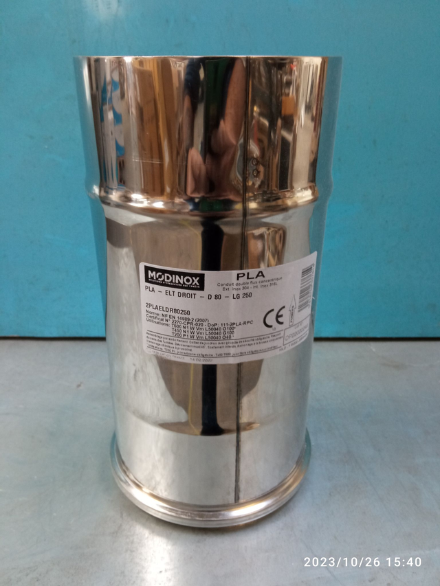 PLA - Élément droit avec collier INOX D80 250 mm - 2PLAELDR80250 