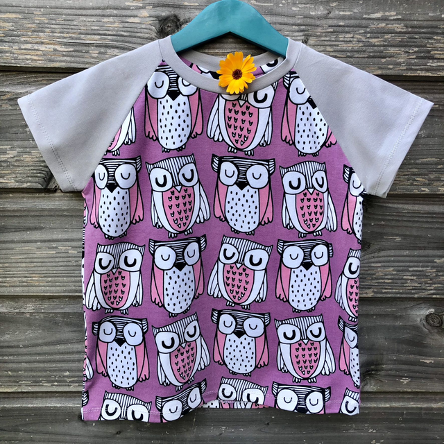 T-shirt manches courtes 6-8 ans «Chouettes roses et Gris»