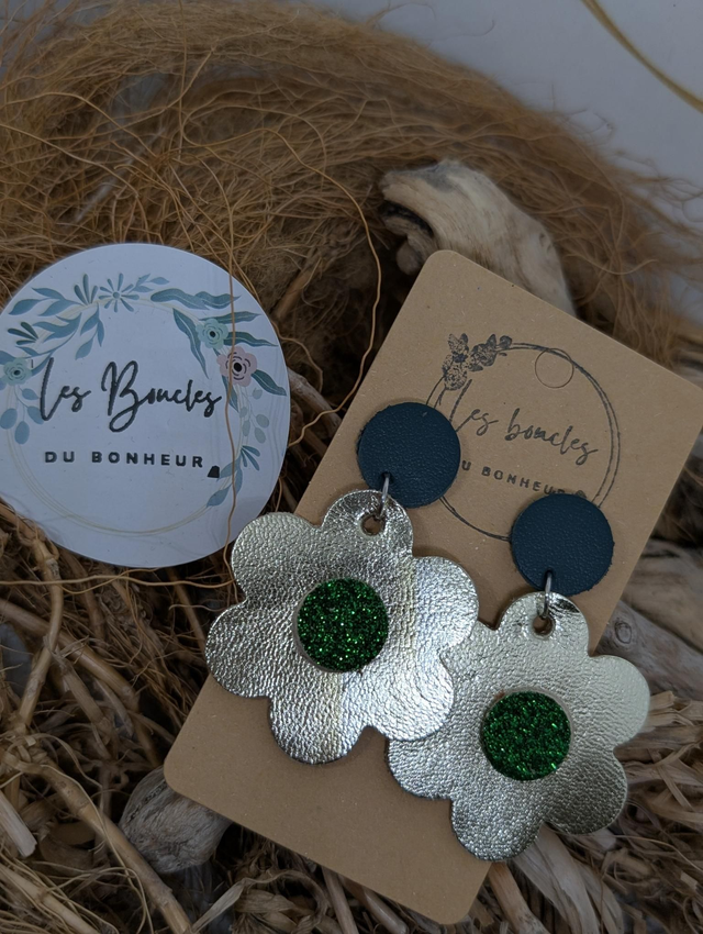 Boucles d&#039;oreilles fleur rétro m1118 doré vert paillettes 