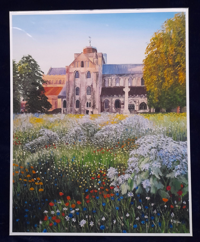 Romsey Abbey and wildflowers at dawn print