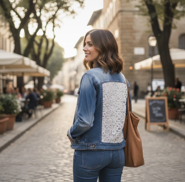 Veste en jean customisée broderie taille L 