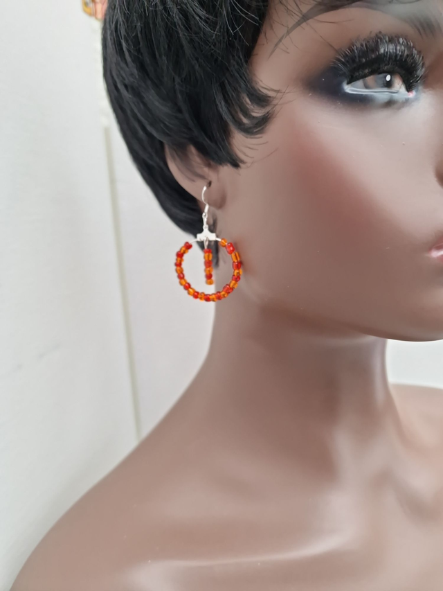 Boucles D'oreilles Créoles Pendantes Acier Perles Rouges Oranges