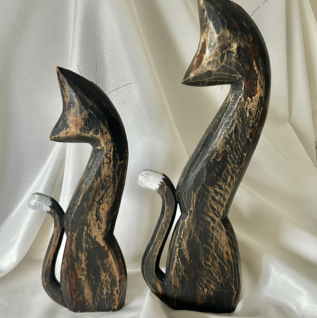 Vintage Hand-Carved Wooden Cat Figurines | Matching Pair
