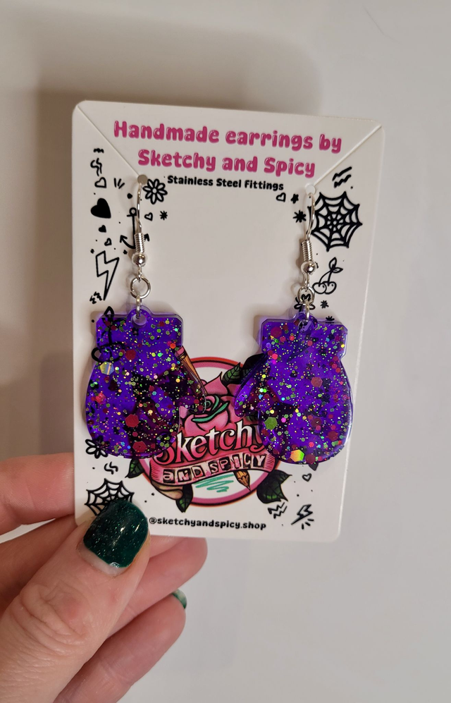Earrings - Mitten Earrings – Purple Glitter Christmas Dangle Jewellery | Stainless Steel Hooks