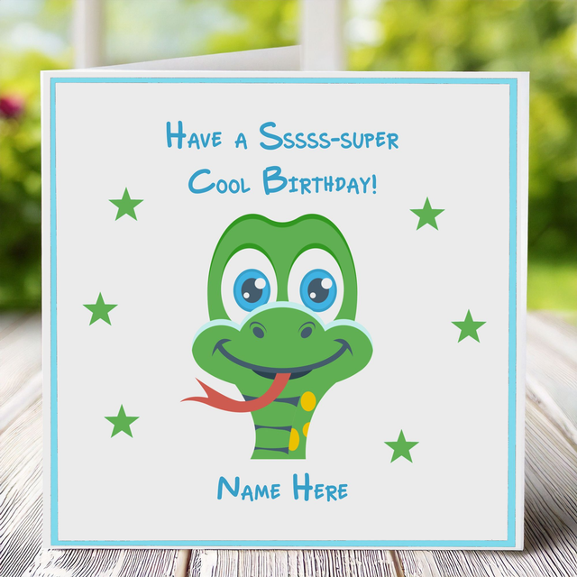 Personalised Children’s Birthday Snake card with the text ‘Have a Ssss-super Cool Birthday’ in lovely, vibrant tones.