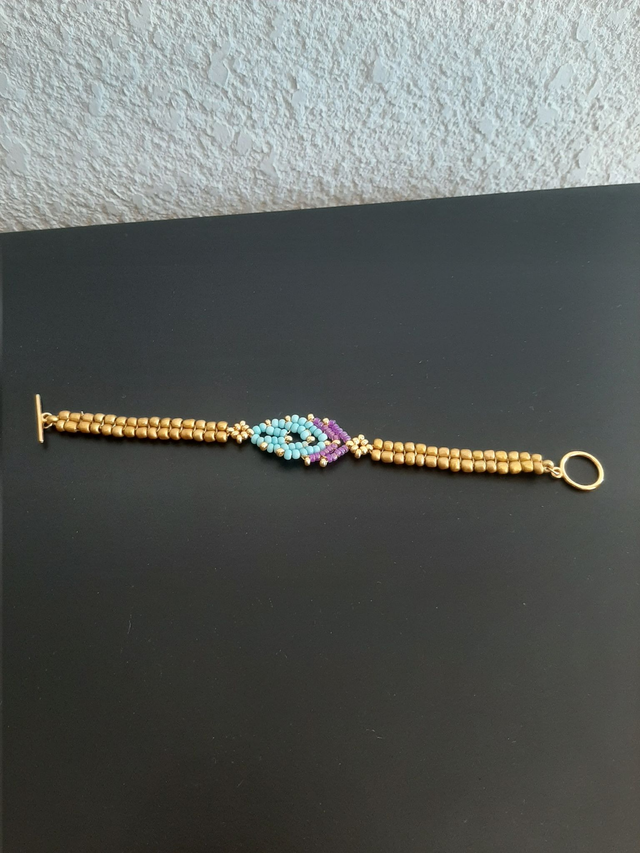 bracelet feuille tissé en perle rocaille argenté , rose- nuance fermoir OT		