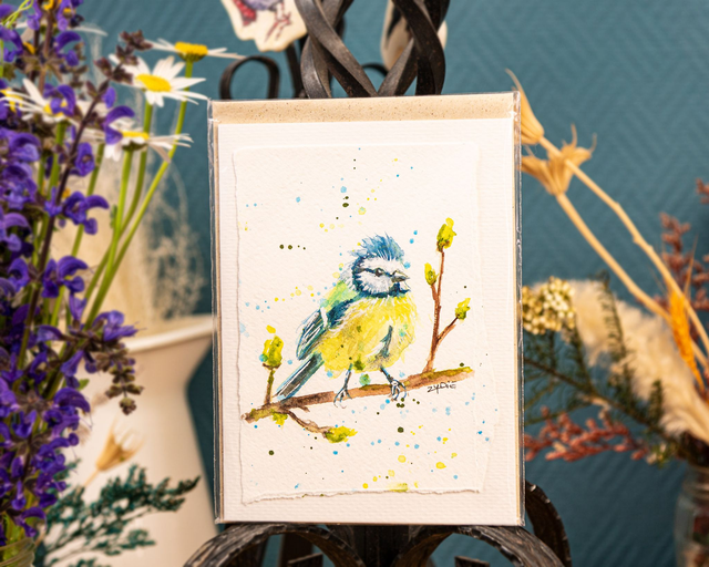 Originalkarte - Blaumeise auf Knospenzweig