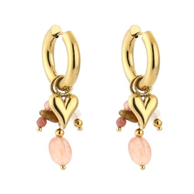 Oorbellen kralen met parel en hartje beige