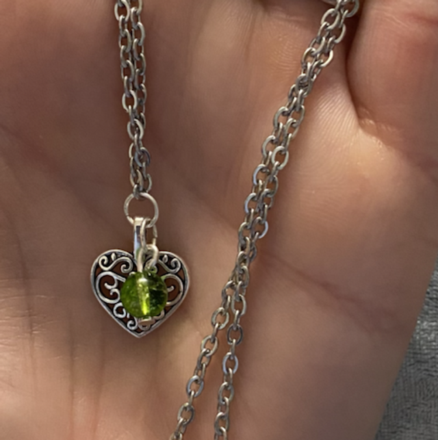 August birthstone necklace, steel chain