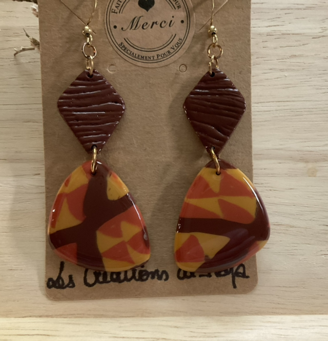 B9 Boucles d’oreilles pendantes en pâte polymère et resineUV ,dorées en acier inoxydable , ⛔️ aux -6 ans 