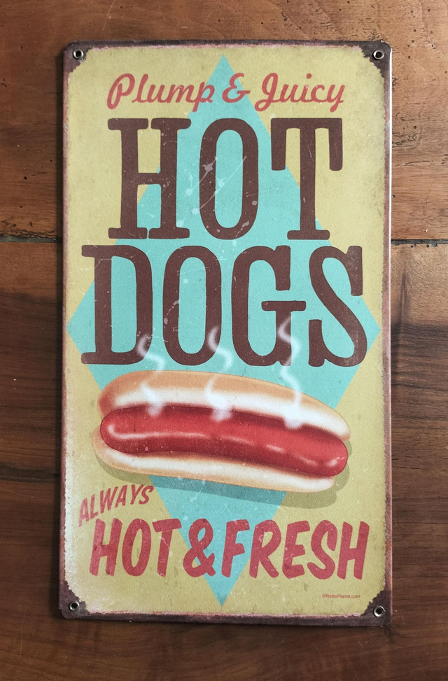 Plaque métal tôle épaisse/ Hot dogs/ aspect vintage / occasion T.B.E