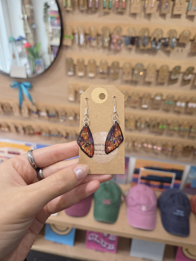 Orange And Purple Acrylic Small Butterfly Wing Charm Drop Earrings - Silver Plated - HH-292