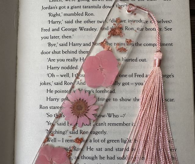 Pink and Copper Floral Resin Bookmark with Tassel