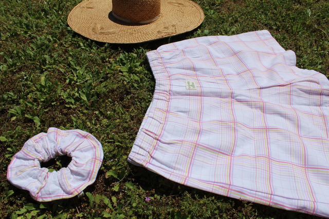 Short upcyclé carreau rose et jaune - Taille 2