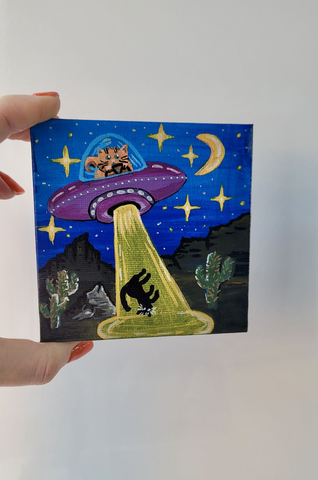 Original Mini Canvas Painting – Alien Cat UFO