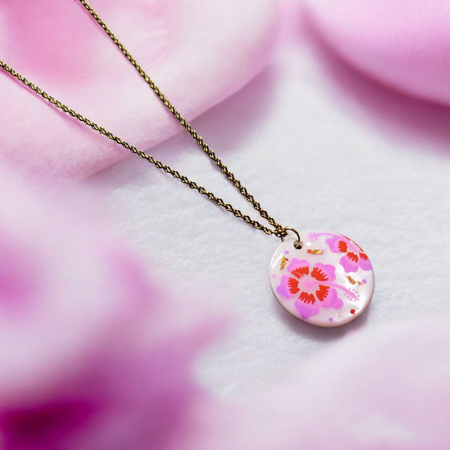 Collier dessiné Flora acier inoxydable rose rouge