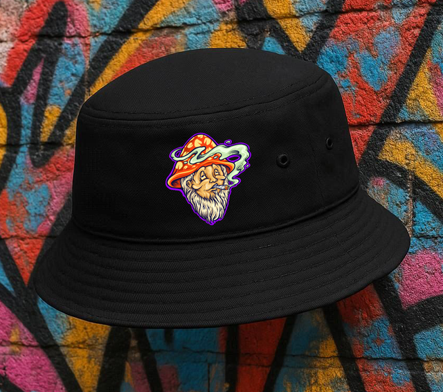 Black Bucket Hat with Smoking Leprechaun Design