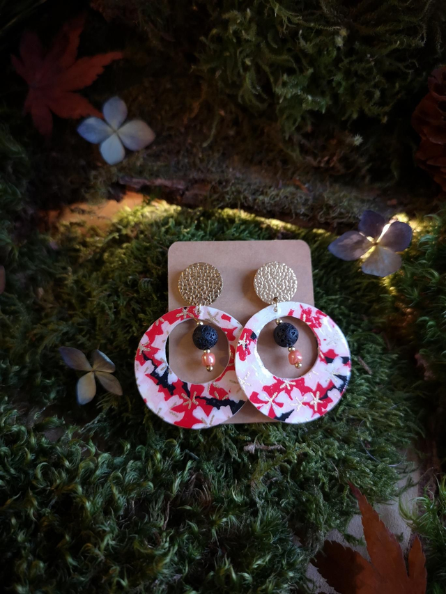 Boucles d&#039;oreilles - puces - papier washi - Sakura - perles - La&amp;Titia 