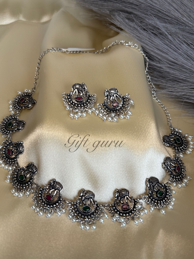 ✨ Oxidised Elephant Necklace Set with Ruby, Green Stones &amp; Pearls ✨