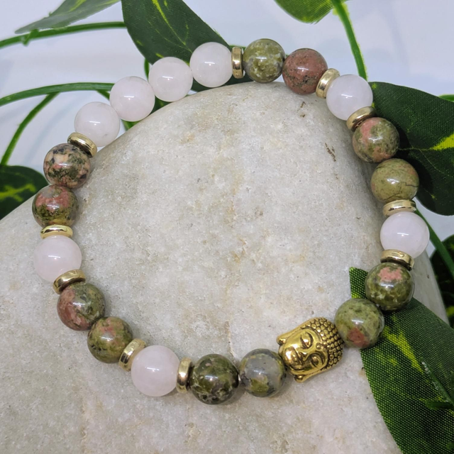 Bracelet &quot;Unakite &amp; Quartz rose&quot; 8mm BR-060