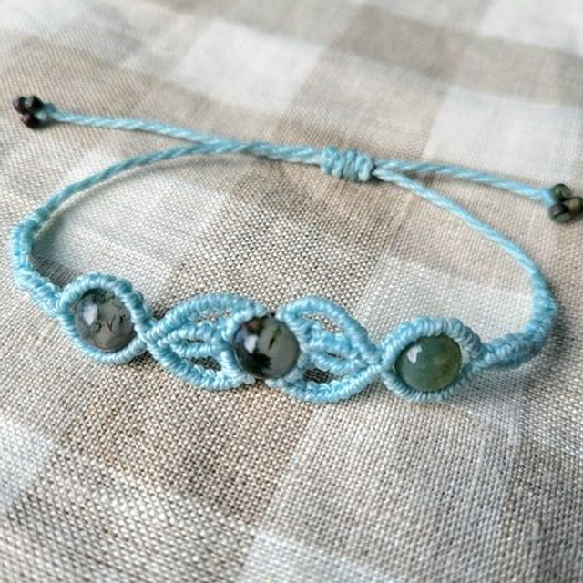 Kit Bracelet dentelle agate mousse (micro-macramé fils bleu ciel, pierre naturelle)