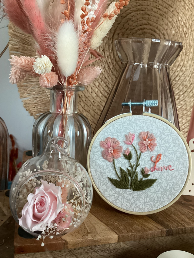 Tambour brodé Fleurs roses &amp; Love