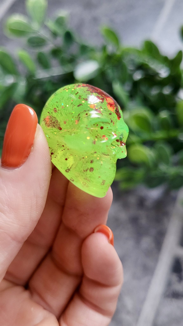 Skull Ornament - Mini - Neon Lime Green with Red Glitter