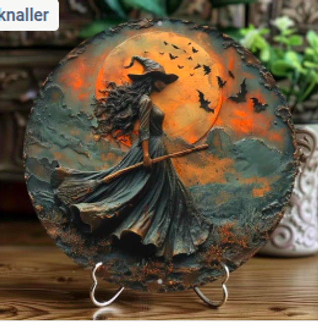 Wanddecoratie metalen bord Donkere Heks (20cm diameter)
